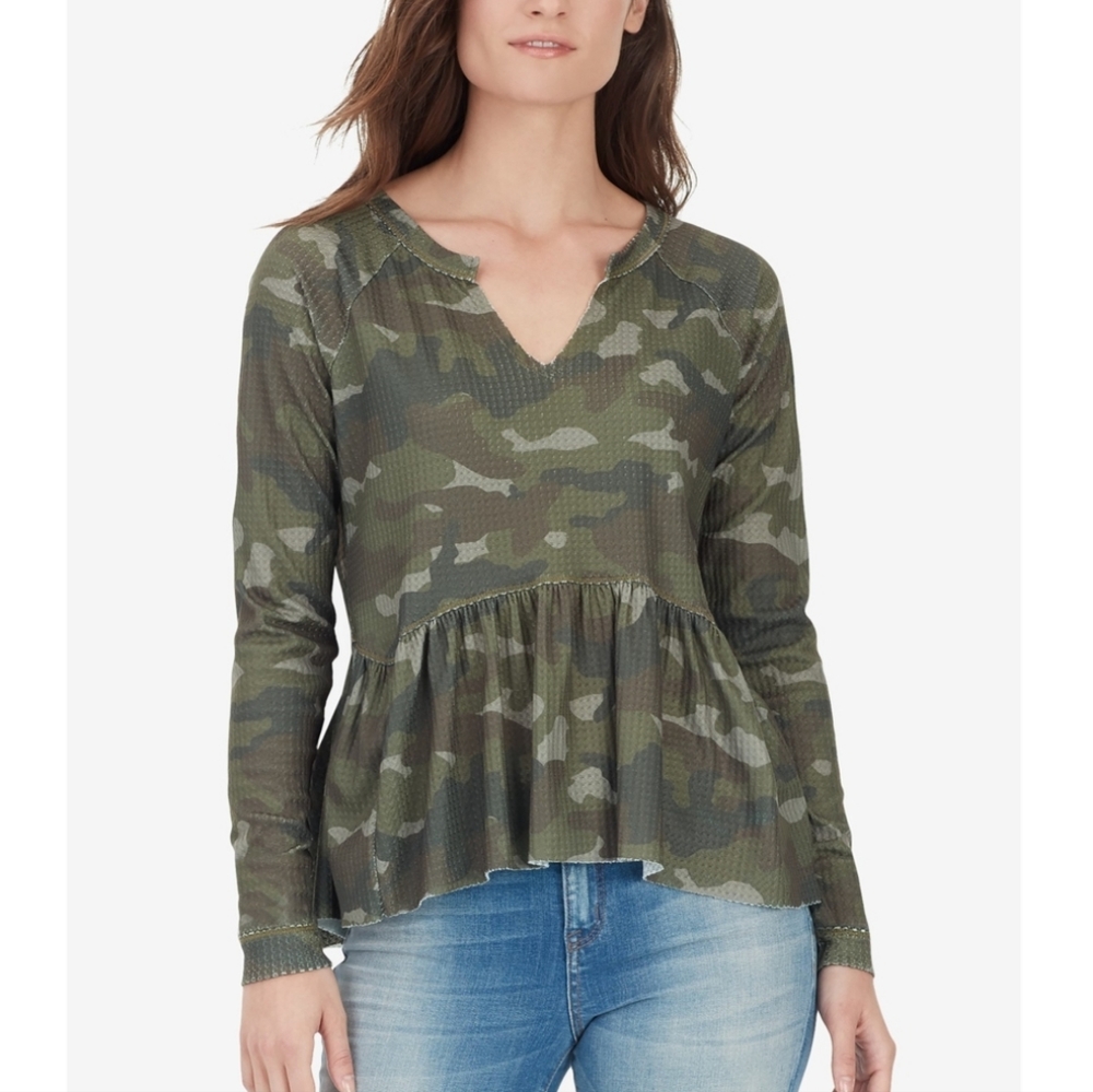 William Rast Womens Top Size Small Green Camouflage Print Bouse